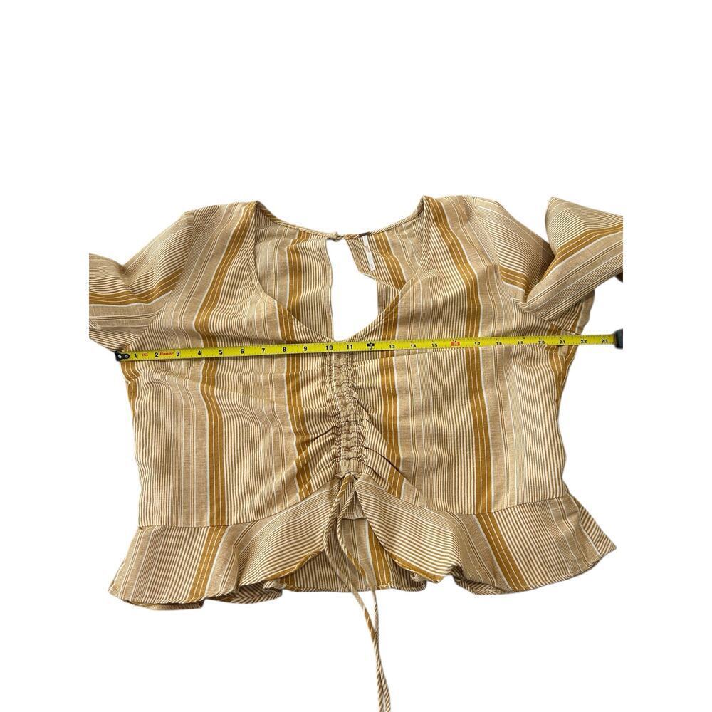 Free People Linen Blend Striped Ruffle Gathered Front Top Size L Boho - Picture 9 of 10